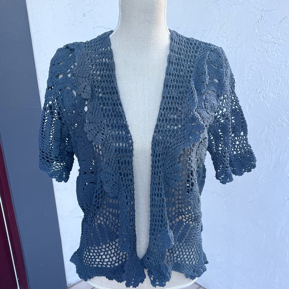 🆕💙OOAK Hand-crochet & Hand-dyed 100% Cotton Short-Sleeve Jacket in Denim Blue - Picture 4 of 6